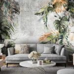 Szürke beton alapon zöld és arany monstera levél mintás fotótapéta 460x300cm