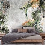 Szürke beton alapon zöld és arany monstera levél mintás fotótapéta 460x300cm