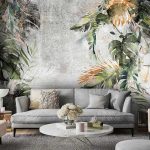 Szürke beton alapon zöld és arany monstera levél mintás fotótapéta 104x70,5cm