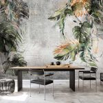 Szürke beton alapon zöld és arany monstera levél mintás fotótapéta 208x146cm