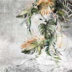 Szürke beton alapon zöld és arany monstera levél mintás fotótapéta 208x146cm