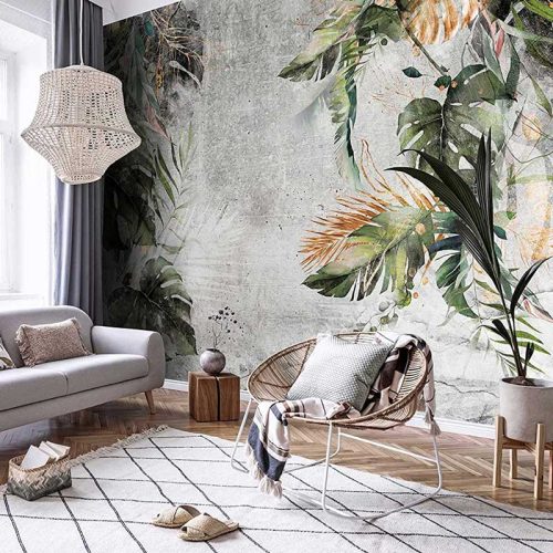 Szürke beton alapon zöld és arany monstera levél mintás fotótapéta 312x219cm