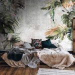 Szürke beton alapon zöld és arany monstera levél mintás fotótapéta 416x254cm