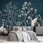 Sötétkék alapon virágos ág és madár mintás fotótapéta 416x254cm