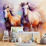 Akvarell hatású vágtázó lovak mintás fotótapéta 208x146cm