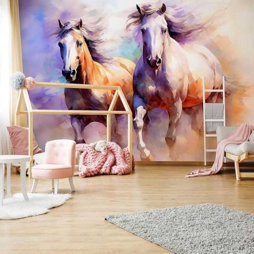 Akvarell hatású vágtázó lovak mintás fotótapéta 416x290cm