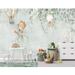 Pasztell zöld levél és bohókás állatmintás gyerekszoba fotótapéta 416x254cm
