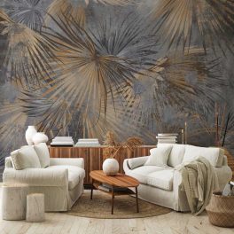   Aranyszínű pálmalevél mintás fotótapéta szürke beton alapon 400x280cm