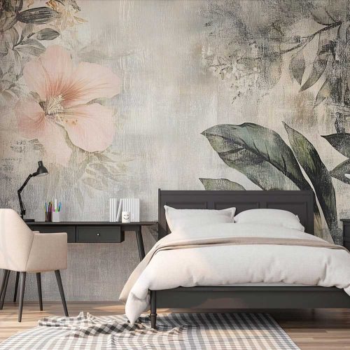 Vintage levélmintás fotótapéta rózsaszín virágmintával 416x254cm