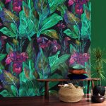 Óriás zöld levél és színes virágmintás fotótapéta