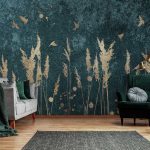 Smaragdzöld arany levél és madár mintás fotótapéta 416x290cm