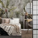 Beton szürke alapon zöld banánlevél mintás fotótapéta 208x146cm