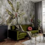 Beton szürke alapon zöld banánlevél mintás fotótapéta 416x254cm