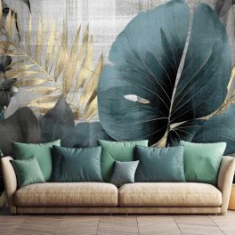   Arany és zöld óriás trópusi levél mintás fotótapéta 254x184cm