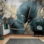 Arany és zöld óriás trópusi levél mintás fotótapéta 208x146cm