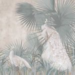 Bézs színű páva és zöld levélmintás fotótapéta 254x184cm