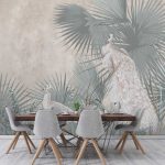 Bézs színű páva és zöld levélmintás fotótapéta 208x146cm