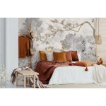 Szürke alapon virág faág és levélmintás fotótapéta 254x184cm