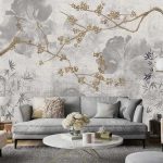 Szürke alapon virág faág és levélmintás fotótapéta 368x254cm