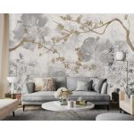 Szürke alapon virág faág és levélmintás fotótapéta 208x146cm