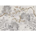Szürke alapon virág faág és levélmintás fotótapéta 312x219cm