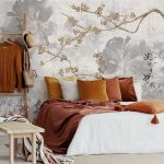 Szürke alapon virág faág és levélmintás fotótapéta 416x254cm