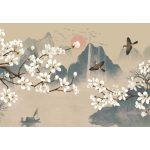 Japán stílusú hegyi tájkép mintás fotótapéta kismadarakkal 312x219cm