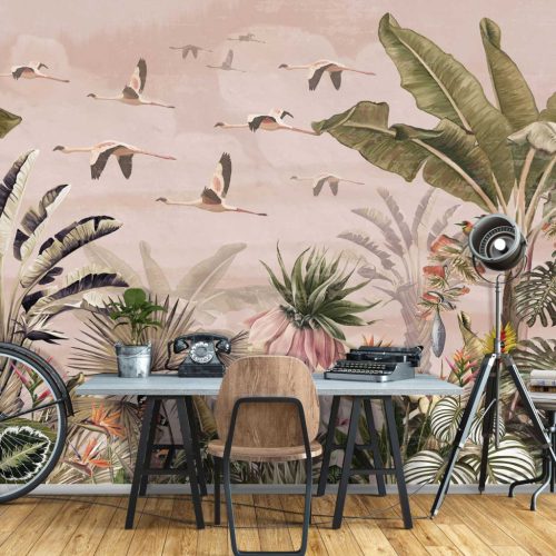 Rózsaszín trópusi dzsungelmintás fotótapéta flamingókkal 350x250cm