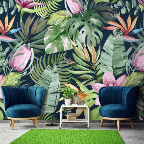 Trópusi levél és virágmintás fotótapéta 250x175cm