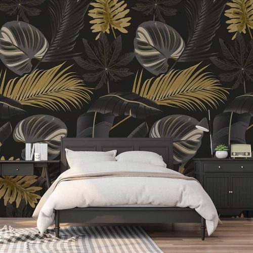 Fekete arany trópusi levél mintás fotótapéta 368x254cm