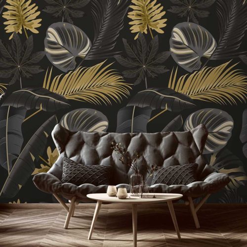 Fekete arany trópusi levél mintás fotótapéta 300x210cm