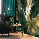 Sötétzöld és arany banánlevél mintás fotótapéta 312x219cm