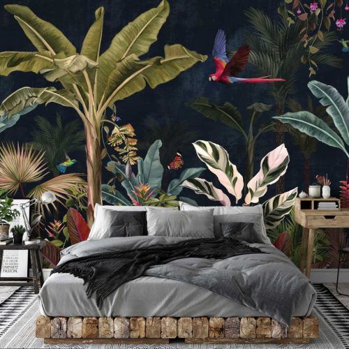 Trópusi dzsungelmintás fotótapéta színes növényekkel és papagájjal 208x146cm