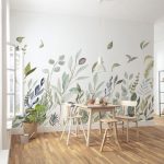 Pasztell zöld festett levélmintás vlies fotótapéta