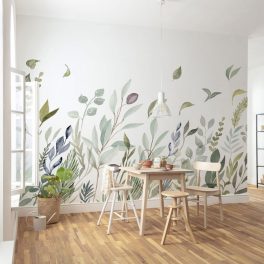 Pasztell zöld festett levélmintás vlies fotótapéta