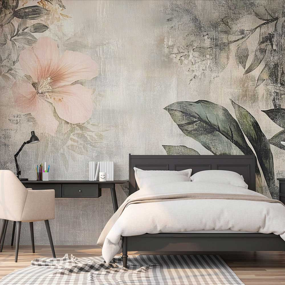 Vintage levélmintás fotótapéta rózsaszín virágmintával 368x280cm